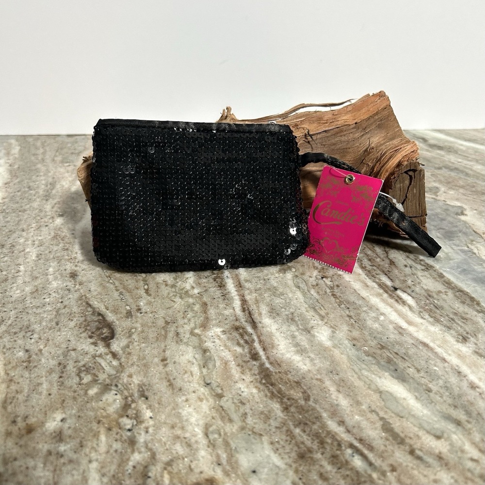 Candie's Black Sequin Coin Pouch Wristlet Zipper Small Wallet Bag NEW